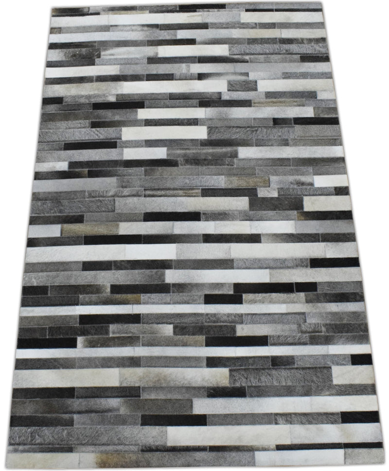 New Hairon 5x8 Leather Stripe Design Handmade Gray and Silver Area Rug, Hand Stitched Genuine Leather Rug | LR7 - The Rug Decor