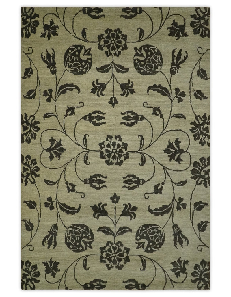 Olive and Dark green Hand Knotted 4x6 Floral Wool and Silk Area Rug - The Rug Decor