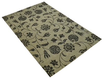 Olive and Dark green Hand Knotted 4x6 Floral Wool and Silk Area Rug - The Rug Decor