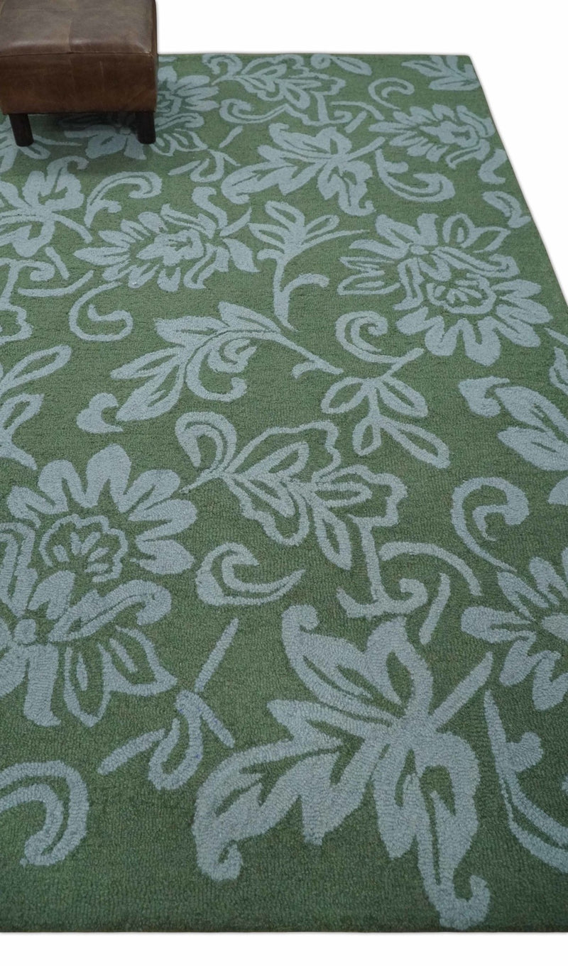 Olive and Silver Multi Size Hand Tufted Floral Pattern Farmhouse Wool Area Rug - The Rug Decor