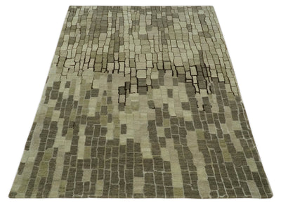Olive, Beige, Charcoal and Ivory Modern Geometrical Brick Design 4.6x6.6 wool and Art Silk Area Rug - The Rug Decor