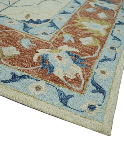 Olive, Blue, Beige and Rust Traditional Heriz Medallion Hand Tufted Custom Made wool area Rug - The Rug Decor