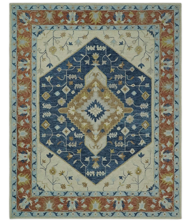 Olive, Blue, Beige and Rust Traditional Heriz Medallion Hand Tufted Custom Made wool area Rug - The Rug Decor