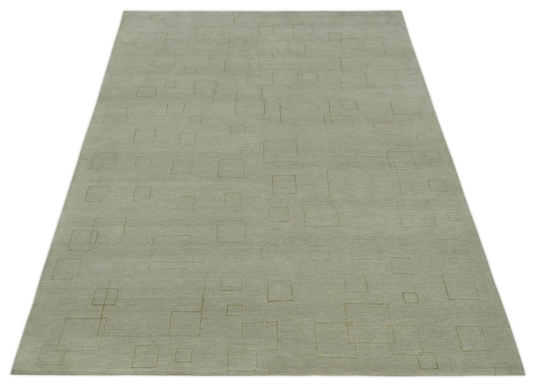 Olive Hand Knotted 5.6x8 Modern Geometric Wool and Silk Area Rug - The Rug Decor