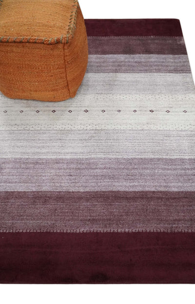 Ombre Purple and Ivory 5x7 Striped Wool and Bamboo Silk Hand Knotted Southwestern Gabbeh Rug | HL28 - The Rug Decor