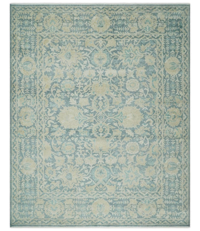 One of a Kind 8x10 Hand Knotted Blue and Beige Antique Traditional Low Pile wool Area Rug - The Rug Decor