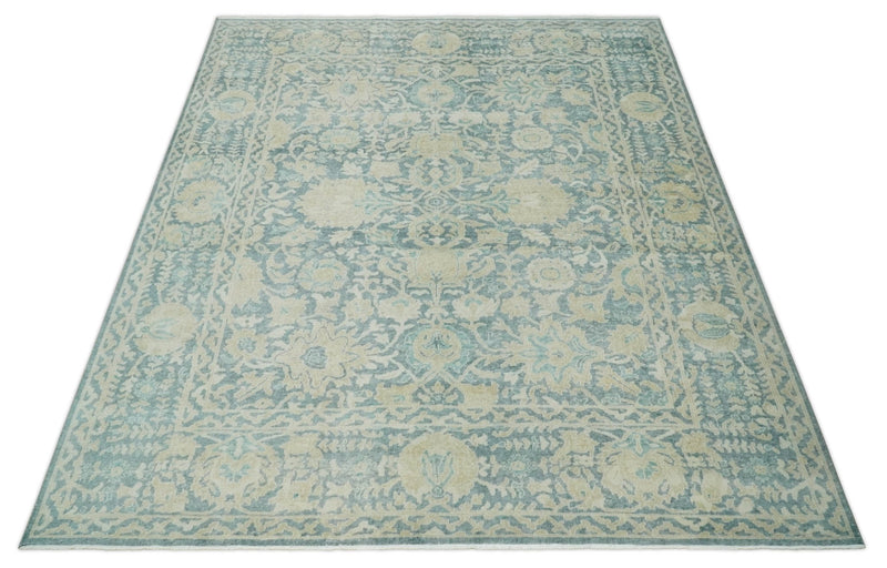 One of a Kind 8x10 Hand Knotted Blue and Beige Antique Traditional Low Pile wool Area Rug - The Rug Decor