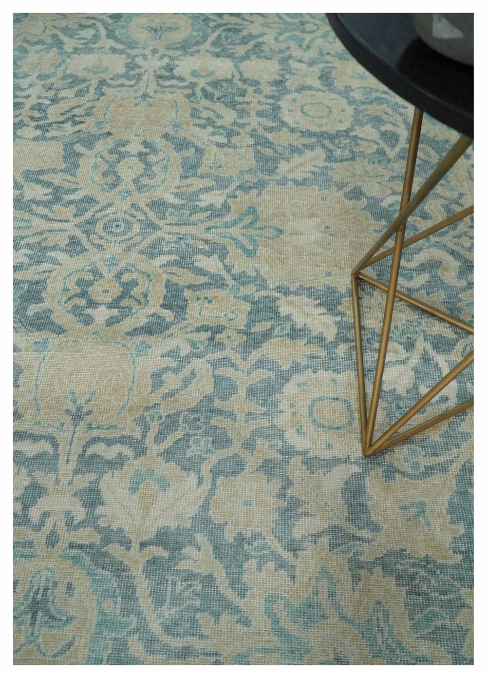 One of a Kind 8x10 Hand Knotted Blue and Beige Antique Traditional Low Pile wool Area Rug - The Rug Decor