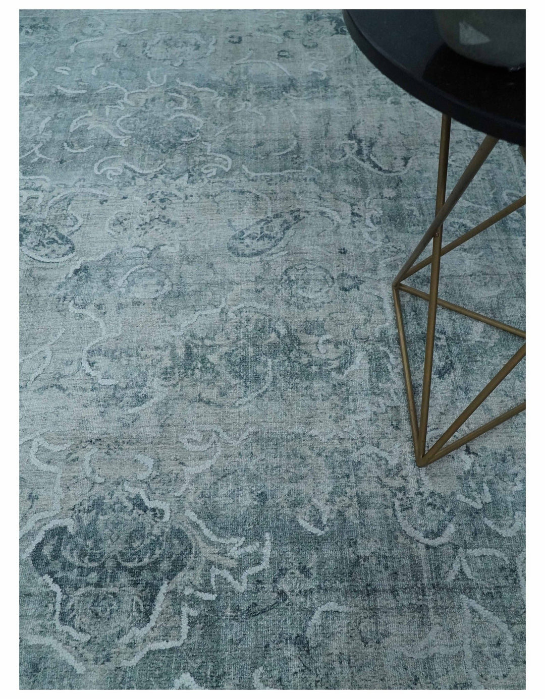 One of a Kind 8x10 Ivory, Gray and Charcoal Traditional Erased Hand Loomed Art Silk Area Rug | AE20810 - The Rug Decor