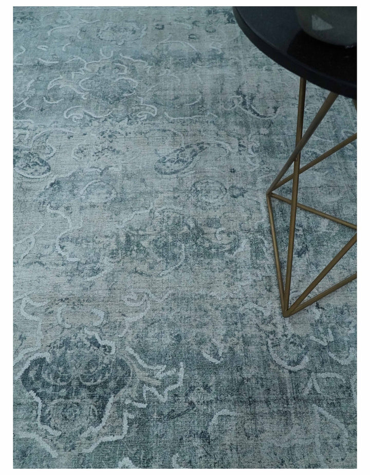 One of a Kind 8x10 Ivory, Gray and Charcoal Traditional Erased Hand Loomed Art Silk Area Rug | AE20810 - The Rug Decor