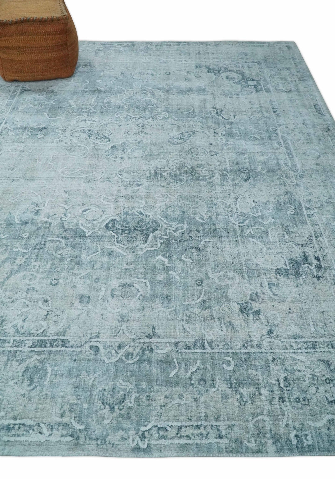 One of a Kind 8x10 Ivory, Gray and Charcoal Traditional Erased Hand Loomed Art Silk Area Rug | AE20810 - The Rug Decor