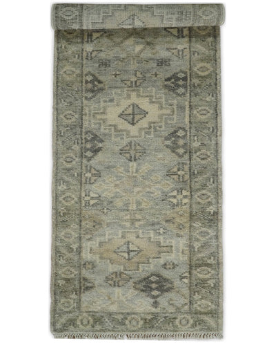 One of a Kind Tribal Design 8 feet Runner Gray and Beige Wool Area Rug | TRDCP66268 - The Rug Decor