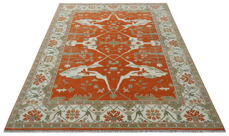 Orange, Ivory and Olive Hand knotted Oriental Oushak 9x12 wool Area Rug - The Rug Decor