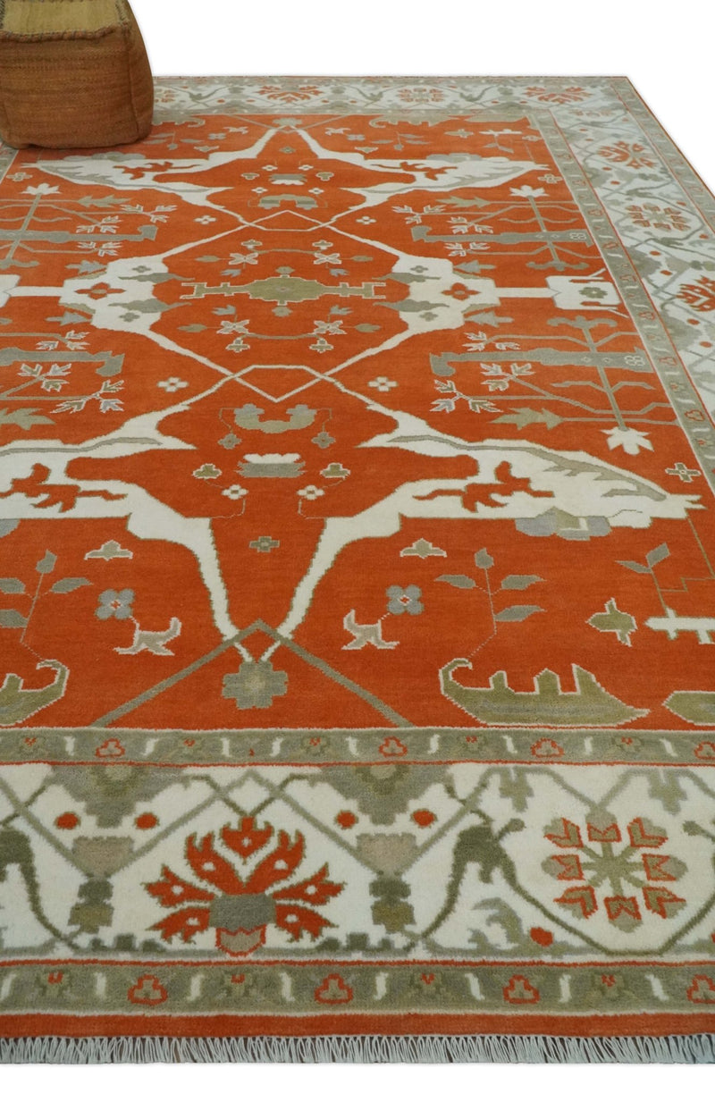 Orange, Ivory and Olive Hand knotted Oriental Oushak 9x12 wool Area Rug - The Rug Decor