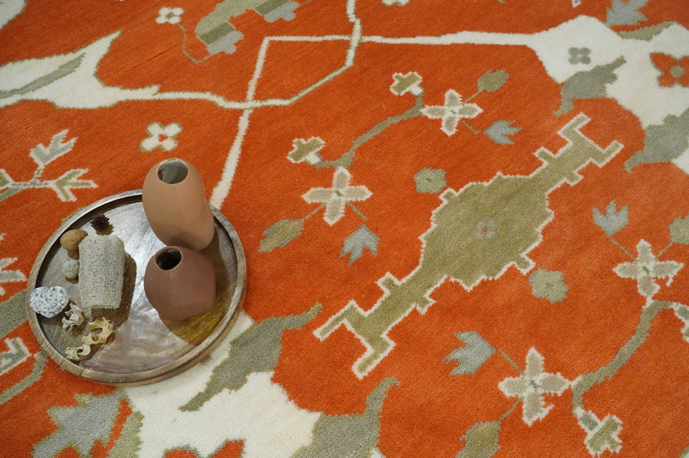 Orange, Ivory and Olive Hand knotted Oriental Oushak 9x12 wool Area Rug - The Rug Decor