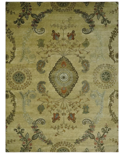 Oriental Floral Hand knotted Olive and Green 8x10 and 8.7x11.8 wool Area Rug - The Rug Decor