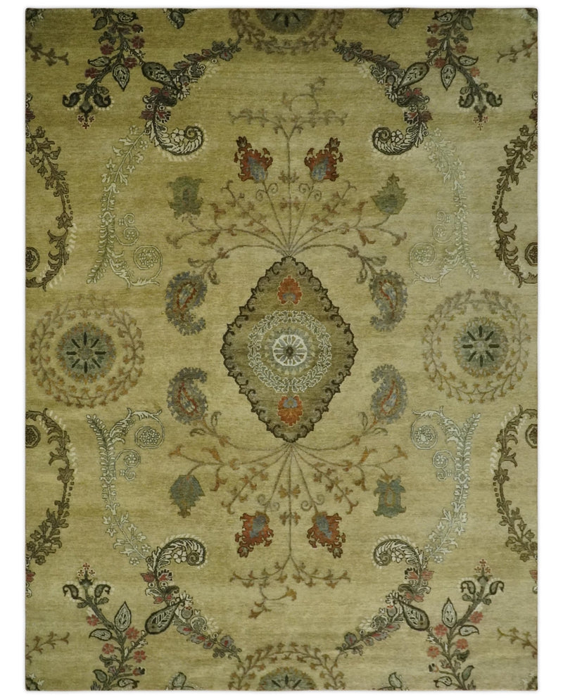 Oriental Floral Hand knotted Olive and Green 8x10 and 8.7x11.8 wool Area Rug - The Rug Decor