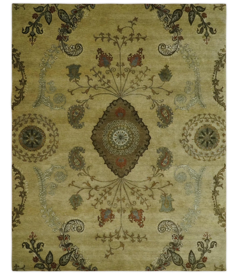 Oriental Floral Hand knotted Olive and Green 8x10 and 8.7x11.8 wool Area Rug - The Rug Decor