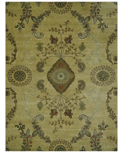 Oriental Floral Hand knotted Olive and Green 8x10 and 8.7x11.8 wool Area Rug - The Rug Decor