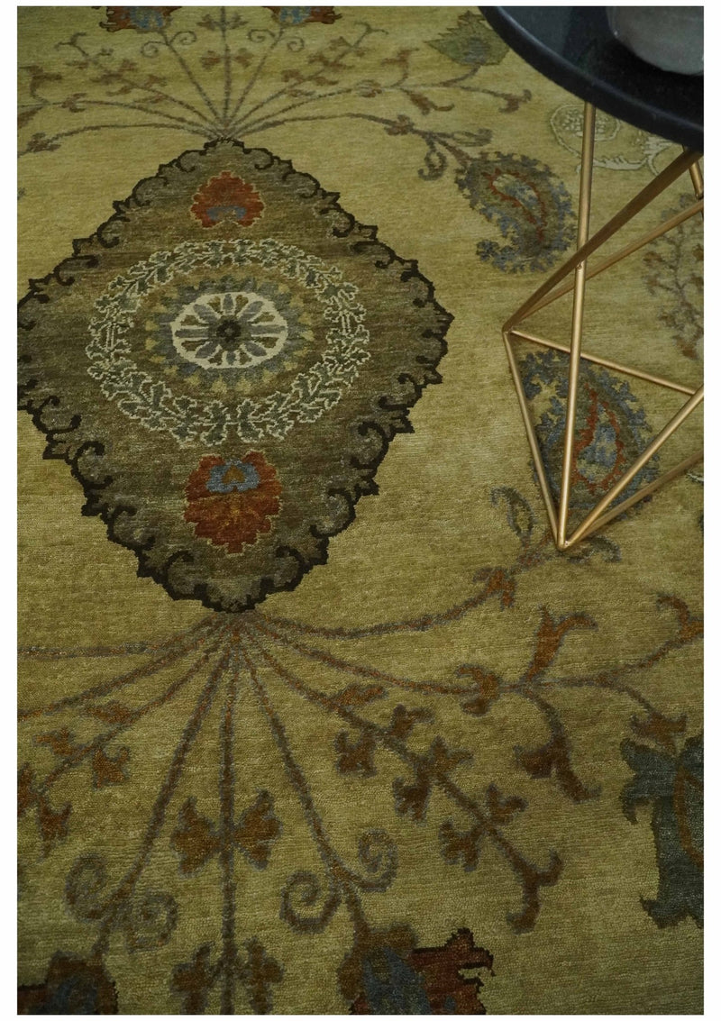 Oriental Floral Hand knotted Olive and Green 8x10 and 8.7x11.8 wool Area Rug - The Rug Decor