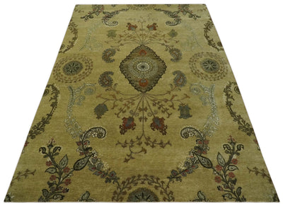 Oriental Floral Hand knotted Olive and Green 8x10 and 8.7x11.8 wool Area Rug - The Rug Decor