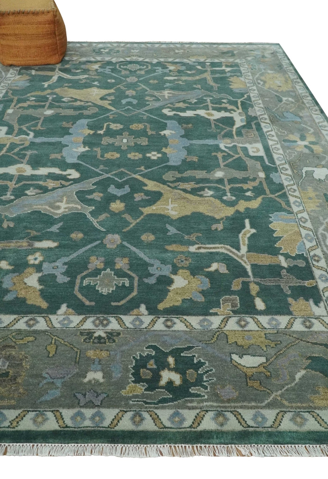 Oriental Oushak Teal Green and Gray 9x12 Hand Knotted Wool Area Rug - The Rug Decor