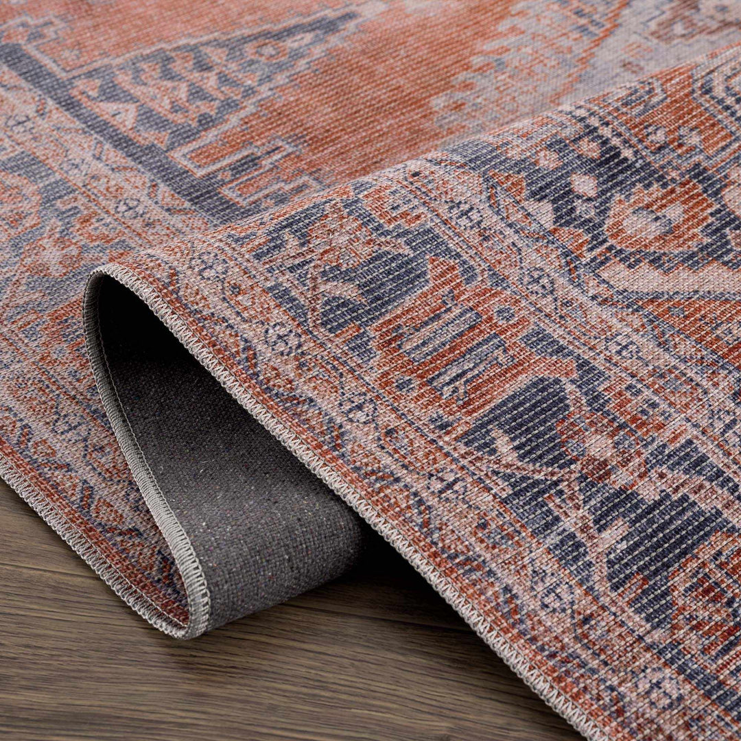 Oriental Persian Rust and Blue Vintage Style Medallion Low pile Washable Area Rug - The Rug Decor