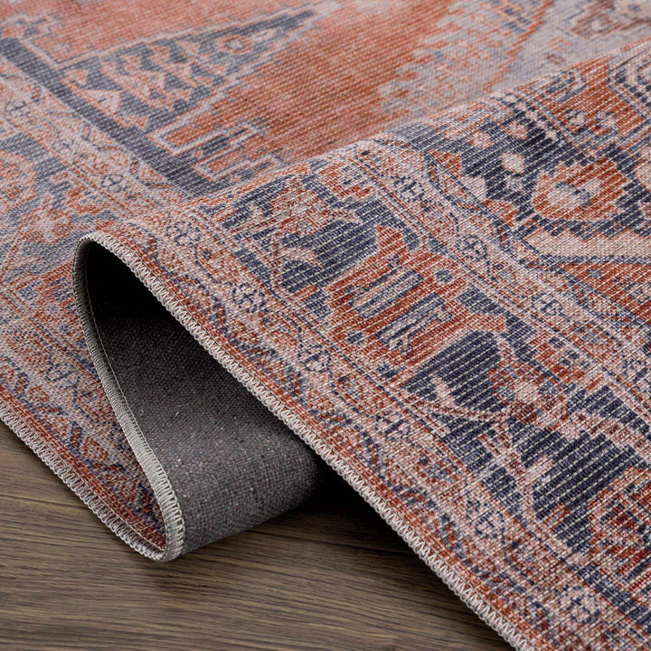 Oriental Persian Rust and Blue Vintage Style Medallion Low pile Washable Area Rug - The Rug Decor