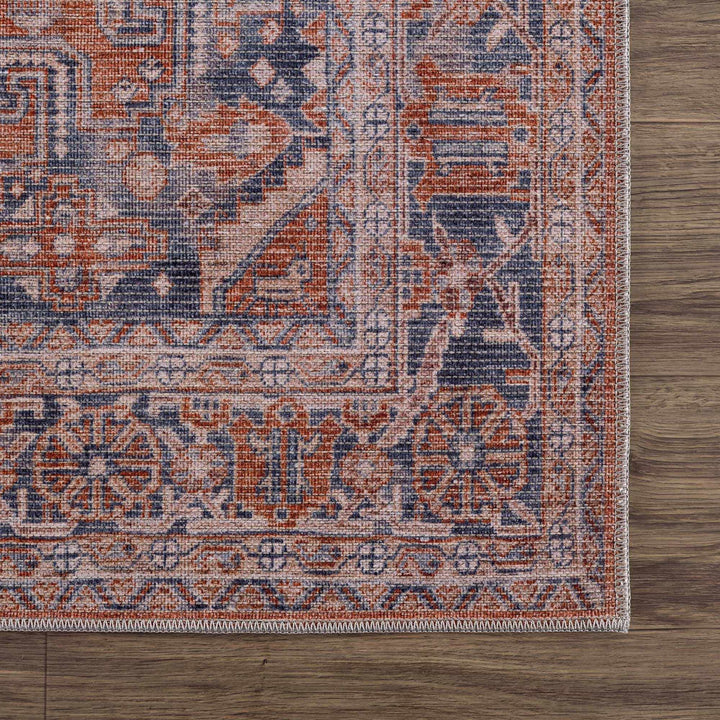 Oriental Persian Rust and Blue Vintage Style Medallion Low pile Washable Area Rug - The Rug Decor