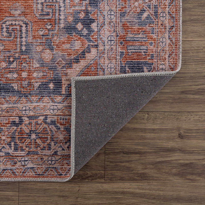 Oriental Persian Rust and Blue Vintage Style Medallion Low pile Washable Area Rug - The Rug Decor