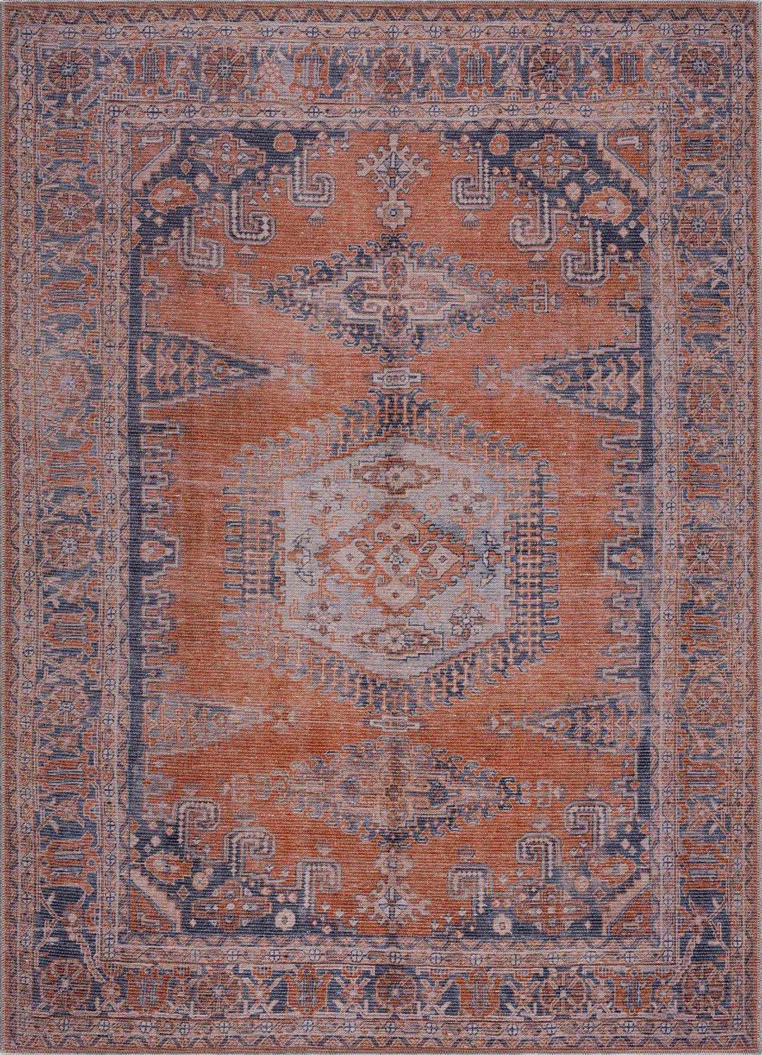 Oriental Persian Rust and Blue Vintage Style Medallion Low pile Washable Area Rug - The Rug Decor