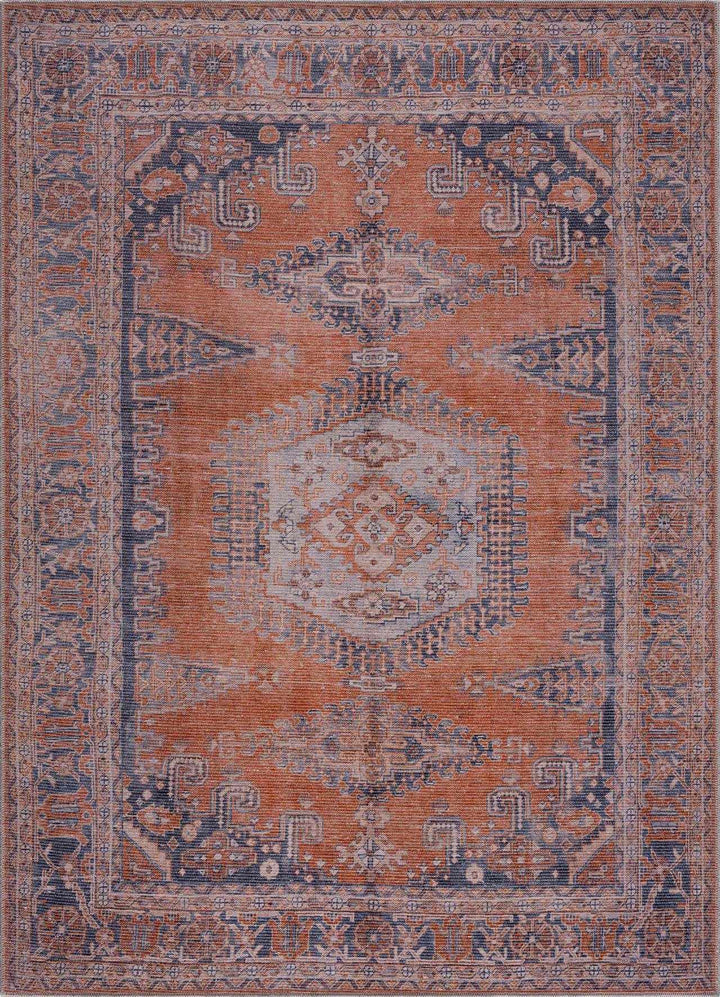 Oriental Persian Rust and Blue Vintage Style Medallion Low pile Washable Area Rug - The Rug Decor