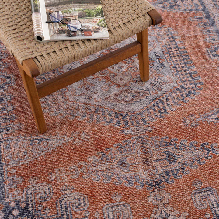 Oriental Persian Rust and Blue Vintage Style Medallion Low pile Washable Area Rug - The Rug Decor