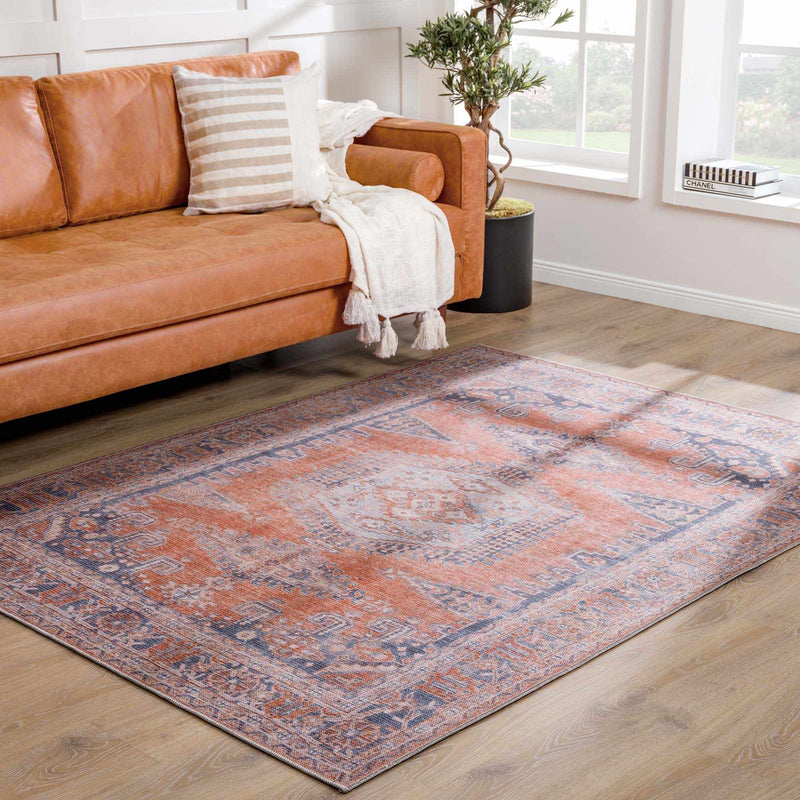 Oriental Persian Rust and Blue Vintage Style Medallion Low pile Washable Area Rug - The Rug Decor
