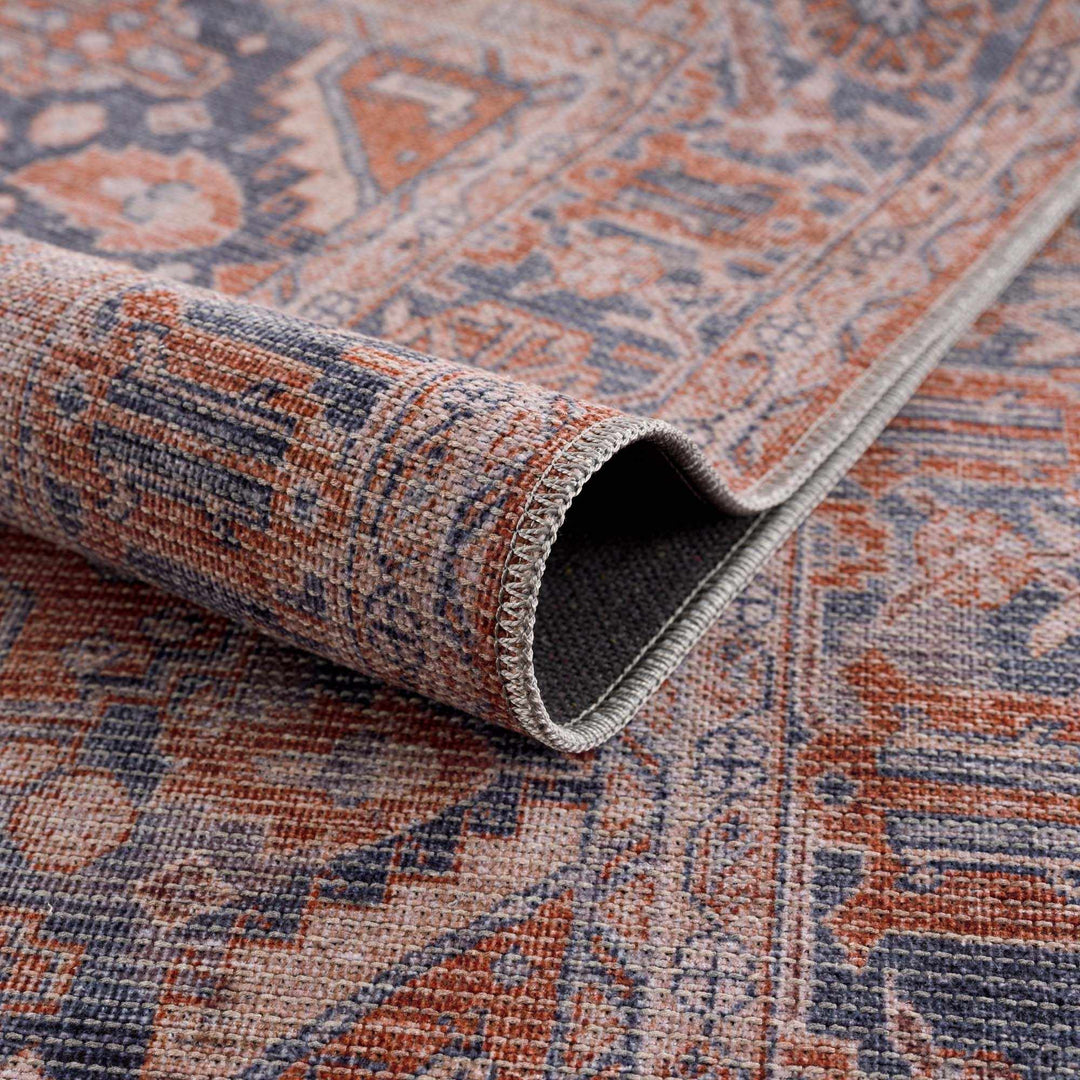 Oriental Persian Rust and Blue Vintage Style Medallion Low pile Washable Area Rug - The Rug Decor