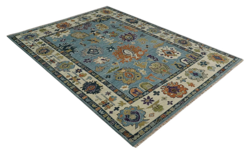Oushak 5x8, 6x9, 8x10, 9x12, 10x14 and 12x15 Hand Knotted Blue and Ivory Traditional Persian Vintage Wool Rug | TRDCP784 - The Rug Decor