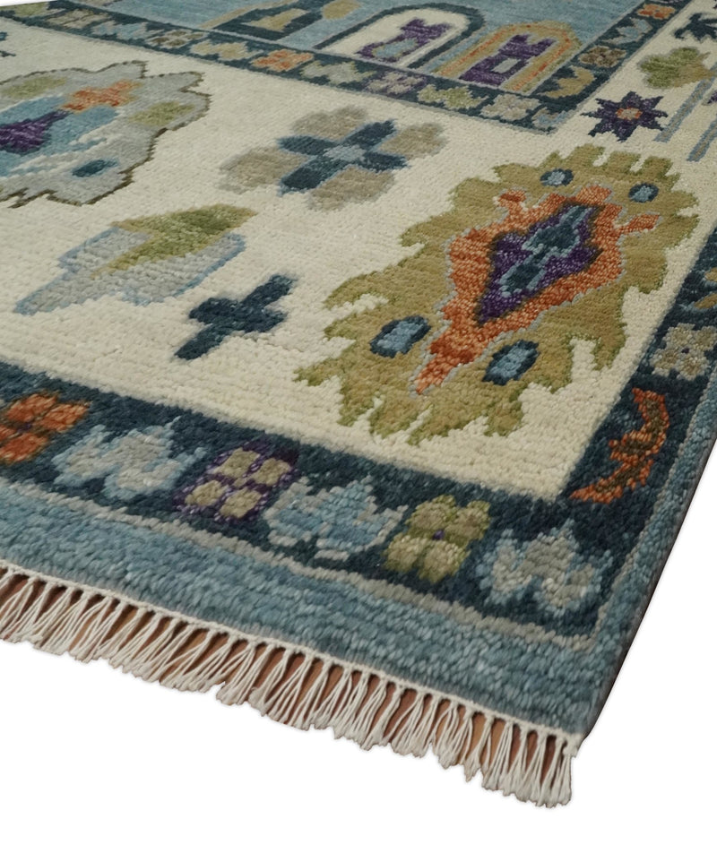 Oushak 5x8, 6x9, 8x10, 9x12, 10x14 and 12x15 Hand Knotted Blue and Ivory Traditional Persian Vintage Wool Rug | TRDCP784 - The Rug Decor