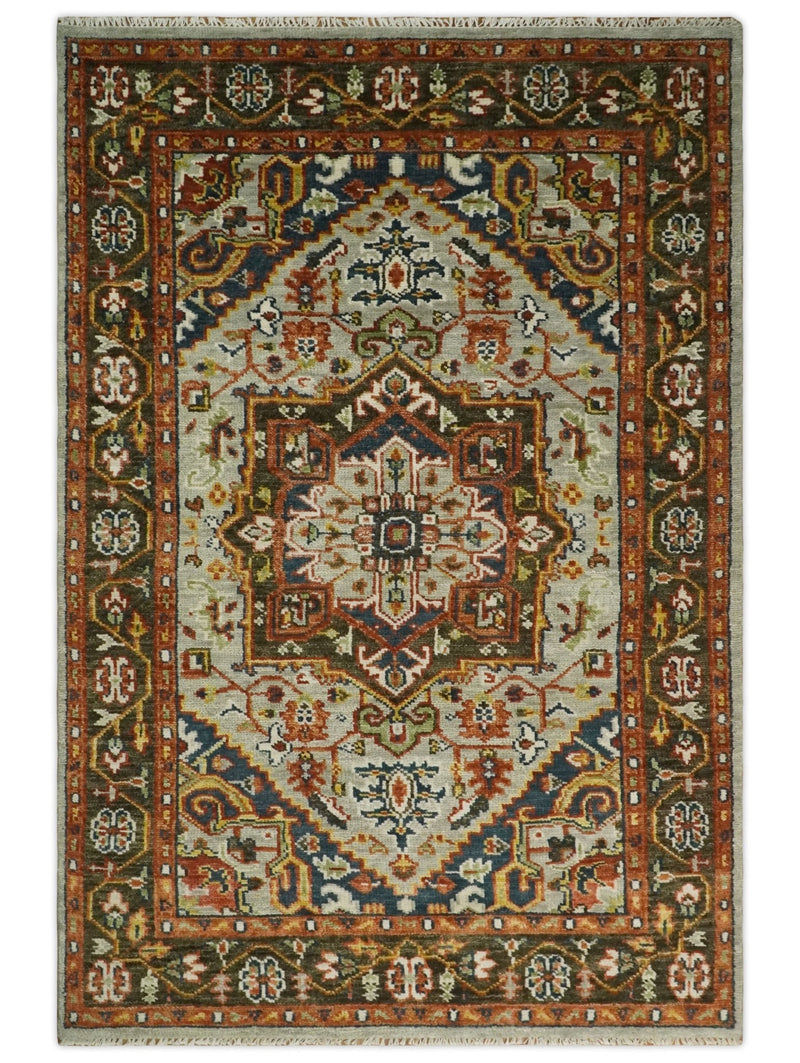 Oversize 5x8, 6x9, 8x10, 9x12, 10x14 and 12x15 Brown and Blue Traditional Persian Eclectic Hand Knotted Area Rug | TRDCP205 - The Rug Decor