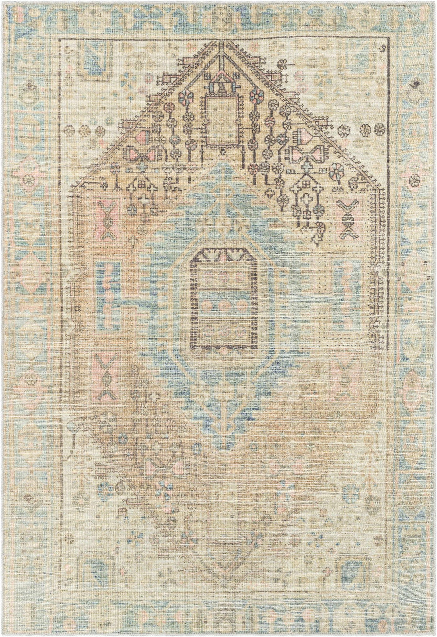 Peach, Blue, Brown and Beige Traditional Heriz Vintage Style Machine Washable Area Rug - The Rug Decor