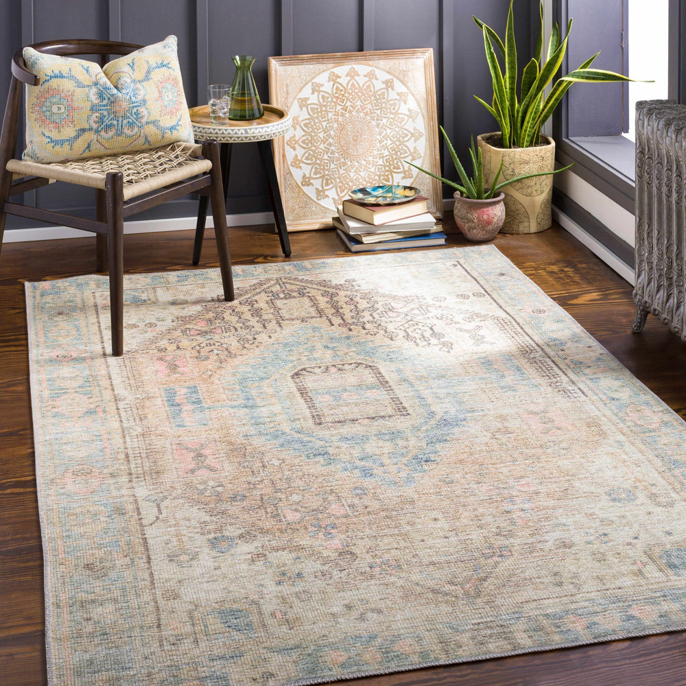 Peach, Blue, Brown and Beige Traditional Heriz Vintage Style Machine Washable Area Rug - The Rug Decor