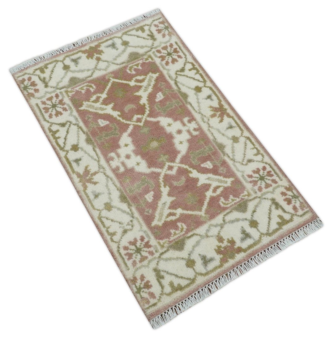 Peach, Ivory and Olive hand knotted 2x3 Oriental Oushak Wool Area Rug - The Rug Decor