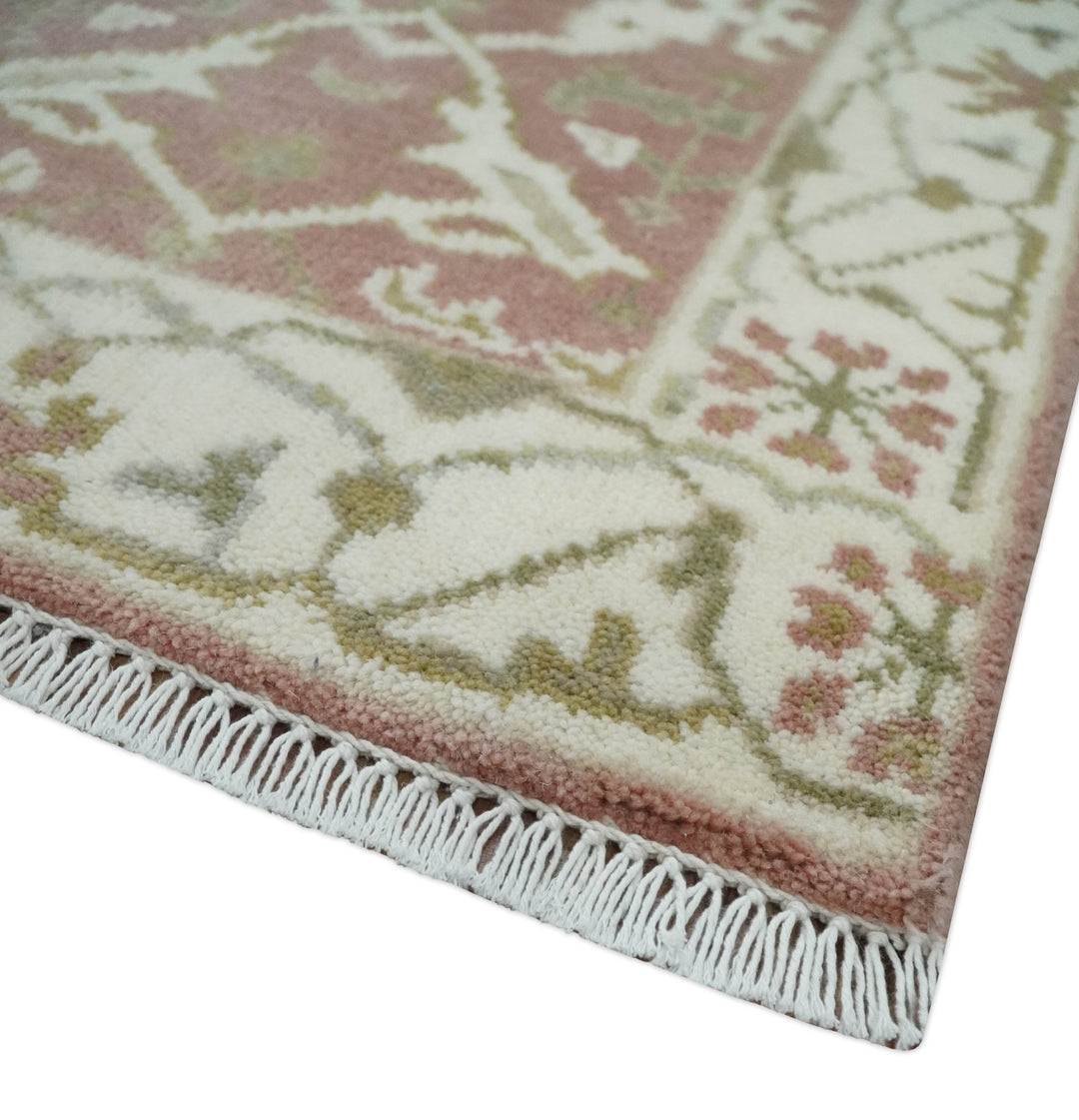 Peach, Ivory and Olive hand knotted 2x3 Oriental Oushak Wool Area Rug - The Rug Decor