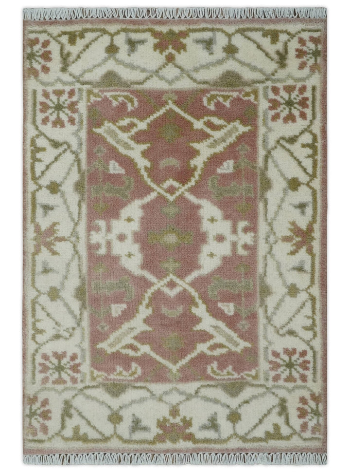 Peach, Ivory and Olive hand knotted 2x3 Oriental Oushak Wool Area Rug - The Rug Decor