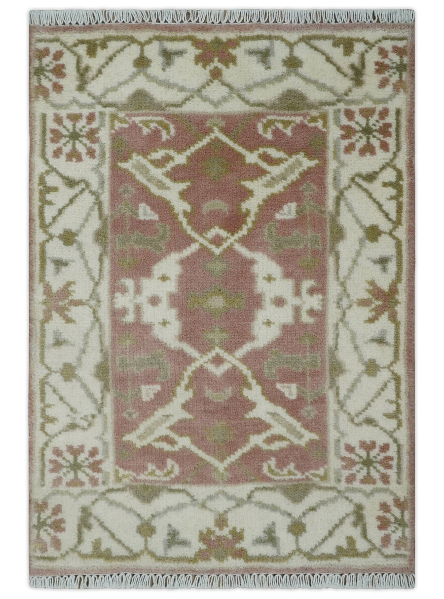 Peach, Ivory and Olive hand knotted 2x3 Oriental Oushak Wool Area Rug - The Rug Decor