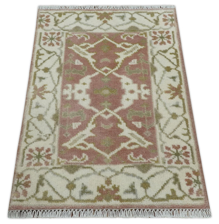 Peach, Ivory and Olive hand knotted 2x3 Oriental Oushak Wool Area Rug - The Rug Decor
