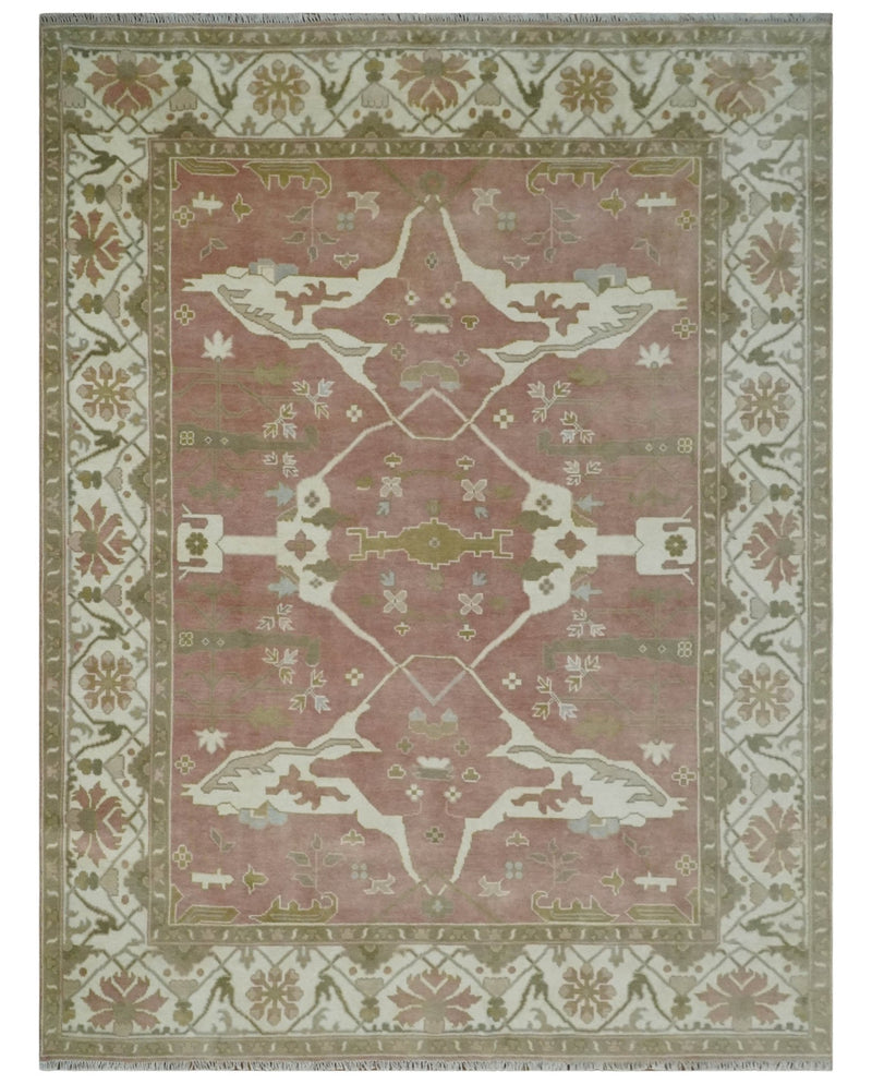 Peach, Ivory and Olive Hand knotted 9x12 Oriental Oushak Traditional Wool Area Rug, Kids, Living Room and Bedroom Rug - The Rug Decor