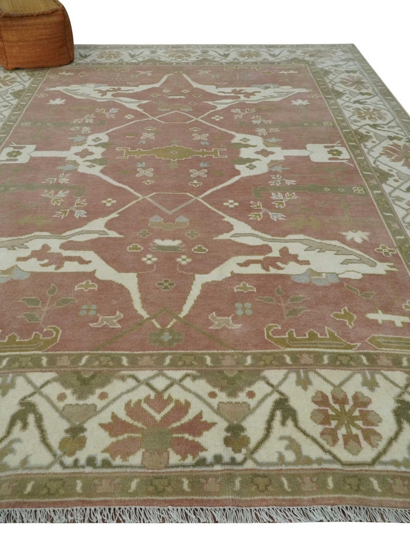 Peach, Ivory and Olive Hand knotted 9x12 Oriental Oushak Traditional Wool Area Rug, Kids, Living Room and Bedroom Rug - The Rug Decor