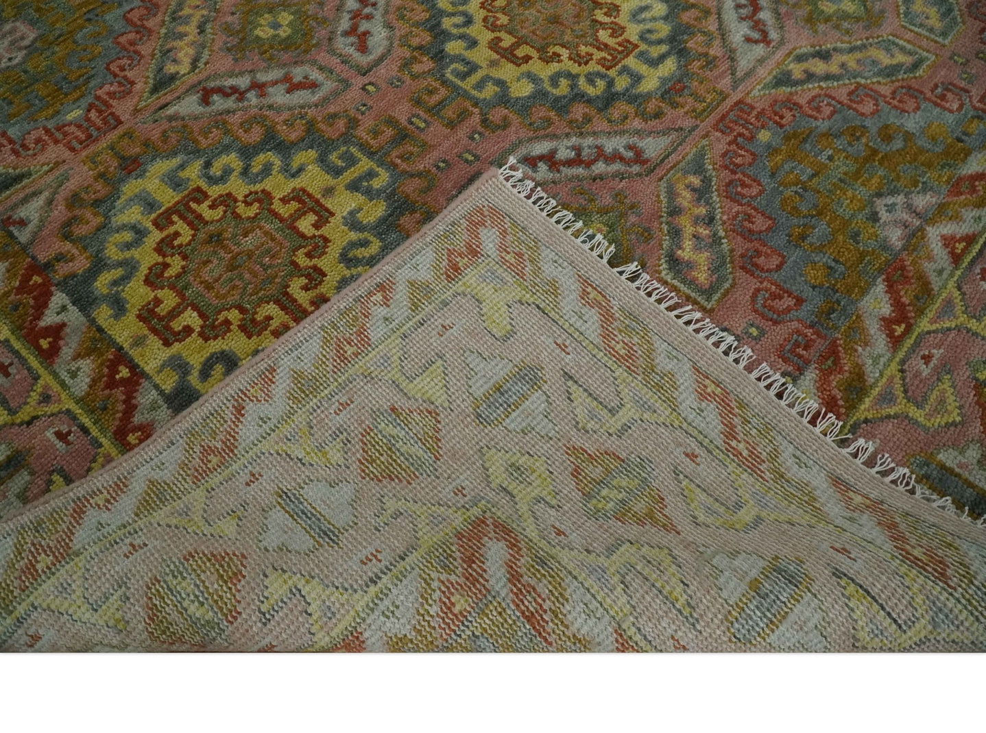 Peach, Mustard, Brown and Gray Oriental Hand Knotted 8x10 and 9x12 Wool Area Rug - The Rug Decor