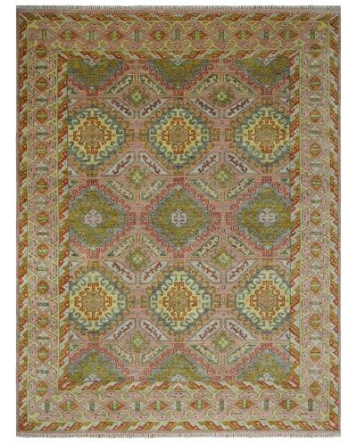 Peach, Mustard, Brown and Gray Oriental Hand Knotted 8x10 and 9x12 Wool Area Rug - The Rug Decor