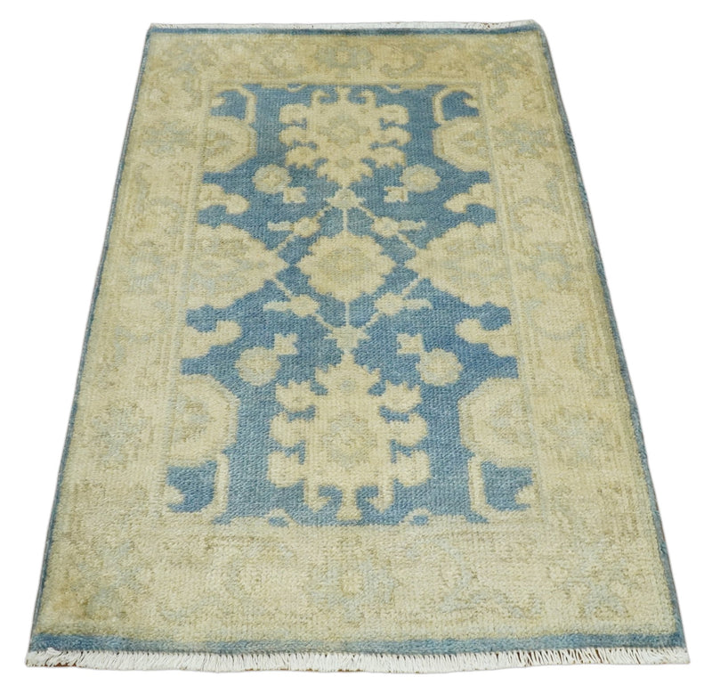 Persian Oushak 2x3 Blue and Ivory Hand Knotted Entryway Wool Area Rug | TRD30112 - The Rug Decor